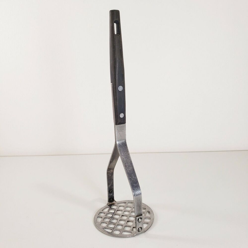 Vtg Household Potato Masher Stainless Black Riveted Handle Japan Cooking Utensil